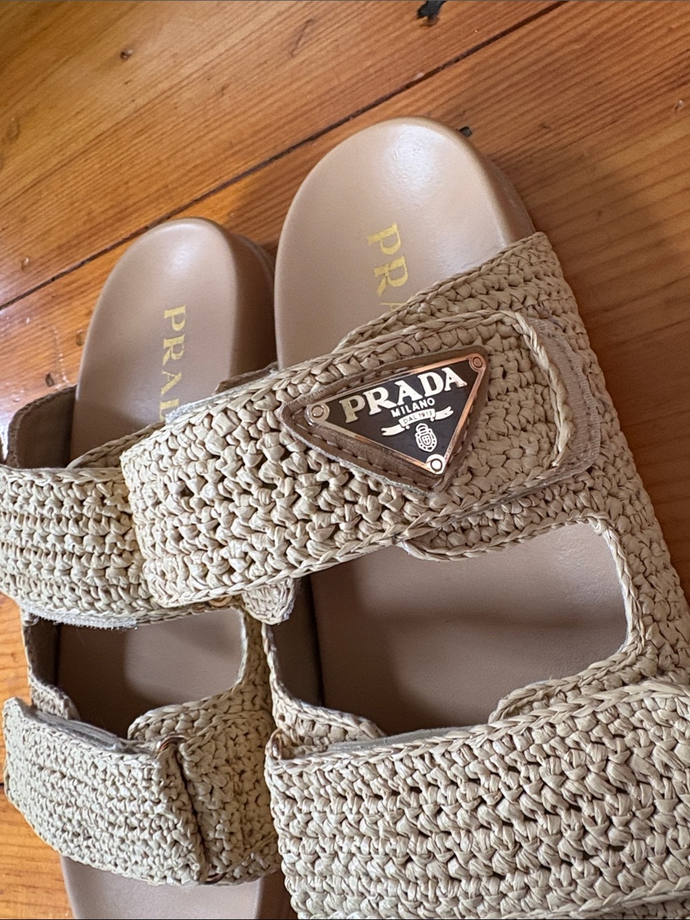 Prada Beige Raffia Double-Strap Slide Sandals - Picture 6 of 6